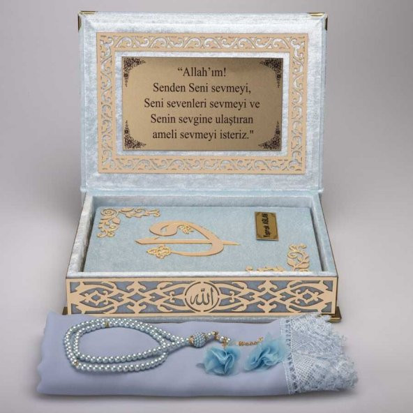 Şal + Tesbih + Kuran Hediye Seti (Orta Boy, Bebe Mavi, Gold Pleksi) - 3