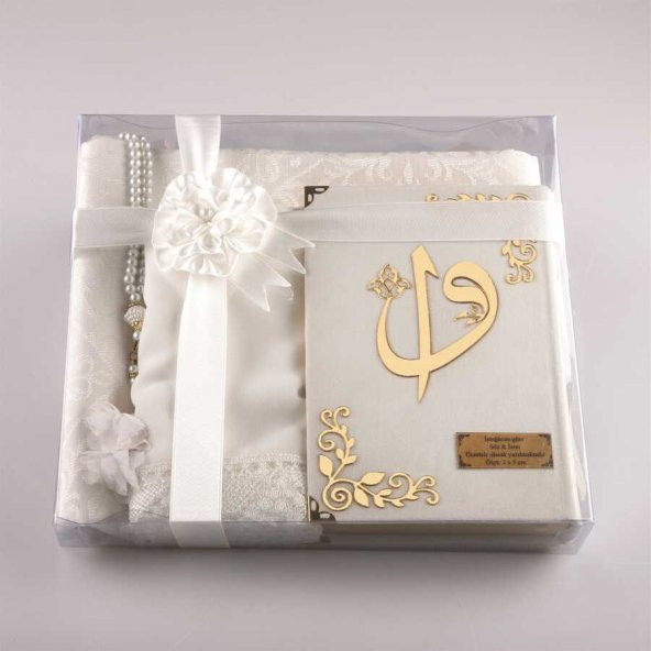 Şal + Seccade + Tesbih + Kuran Hediye Set (Hafız, Kadife, Beyaz)