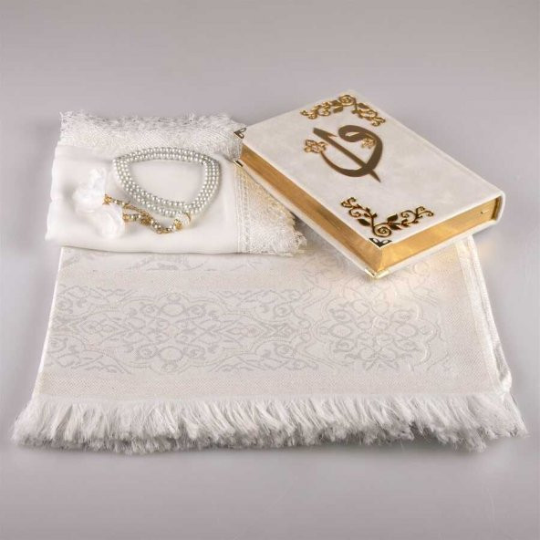 Şal + Seccade + Tesbih + Kuran Hediye Set (Hafız, Kadife, Beyaz) - 2