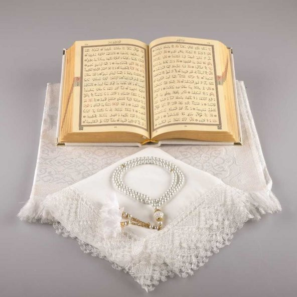 Şal + Seccade + Tesbih + Kuran Hediye Set (Hafız, Kadife, Beyaz) - 3