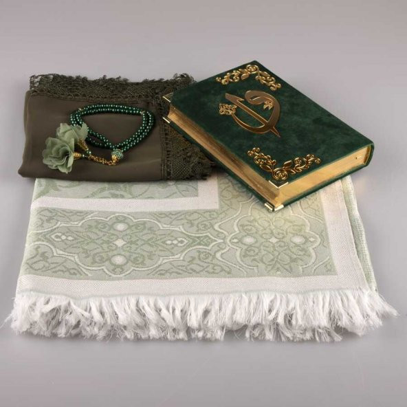Şal + Seccade + Tesbih + Kuran Hediye Seti (Hafız Boy, Kadife, Zeytin Yeşili) - Resim 2