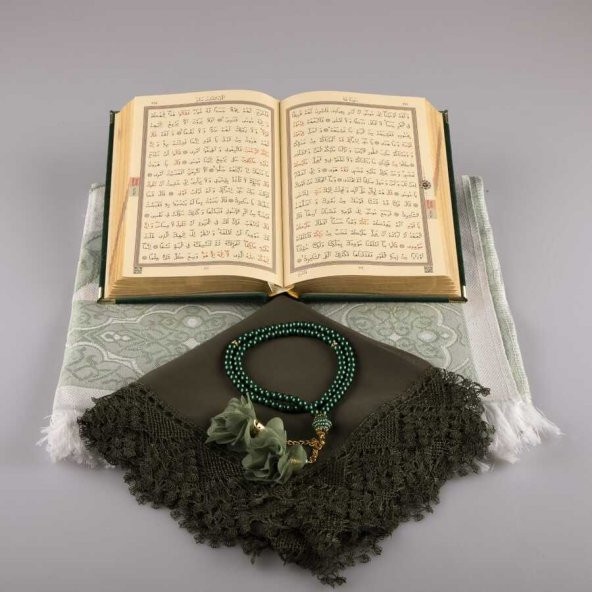 Şal + Seccade + Tesbih + Kuran Hediye Seti (Hafız Boy, Kadife, Zeytin Yeşili) - Resim 3