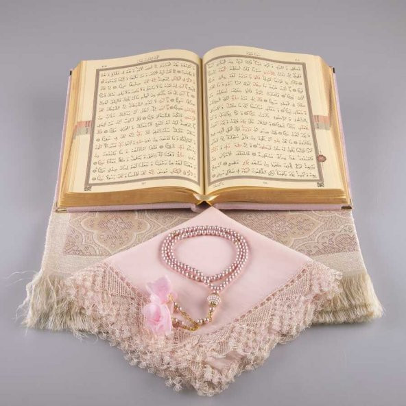 Şal + Seccade + Tesbih + Kuran Hediye Seti (Orta Boy, Kadife, Pudra Pembe) - Resim 3