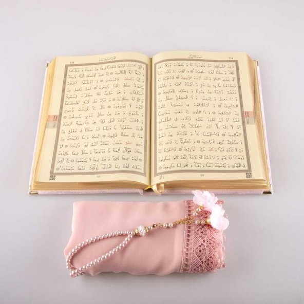 Şal + Tesbih + Kuran Hediye Seti (Hafız Boy, Kadife, Pudra Pembe) - Resim 3