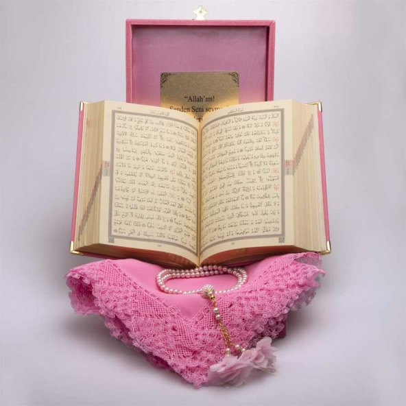 Şal + Tesbih + Kuran Seti (Rahle Boy, Plaket Kutulu, Pudra Pembe) - 4