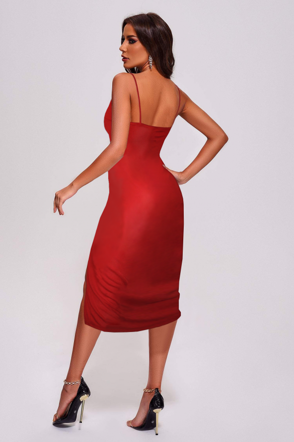 Ergü Kırmızı Askılı Pencere Detaylı Yırtmaçlı Midi Boy Kadın Elbise Ergü1521-1 - 2