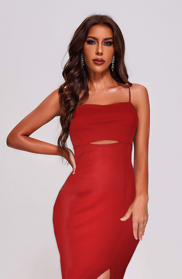 Ergü Kırmızı Askılı Pencere Detaylı Yırtmaçlı Midi Boy Kadın Elbise Ergü1521-1 - 3