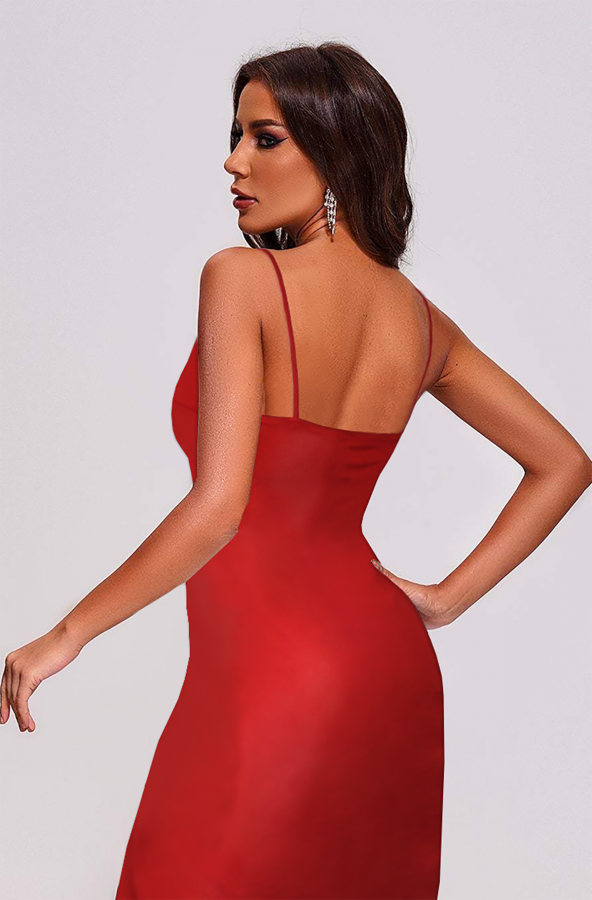 Ergü Kırmızı Askılı Pencere Detaylı Yırtmaçlı Midi Boy Kadın Elbise Ergü1521-1 - 4