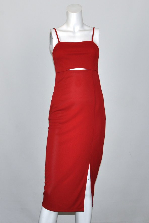 Ergü Kırmızı Askılı Pencere Detaylı Yırtmaçlı Midi Boy Kadın Elbise Ergü1521-1 - 5