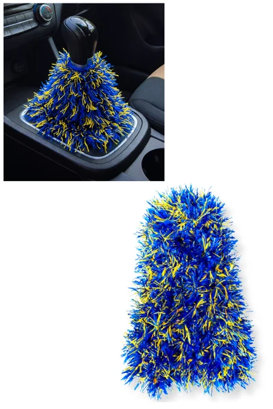 Sarı Lacivert Uzun Tüylü Pelüş Oto Vites Körüğü Püskülü - Yumuşak Dokulu - Tüm Araçlara Uyumlu