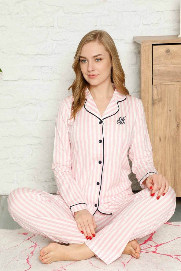 Dreamy Secret Pamuklu Likralı Biyeli Kısa Kollu Gömlek Pijama Takımı Pembe