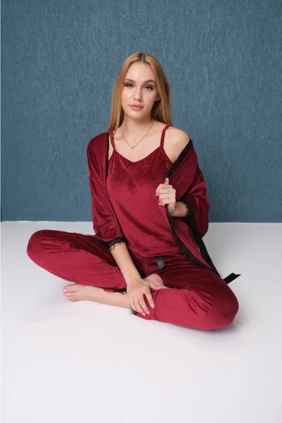 Dreamy Dantel Detaylı Kadife 3 Parça Sabahlıklı Pijama Takımı Lacivert