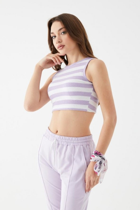 Kadın Lila Renk Mini Boy Çizgili Triko Body Crop - 4