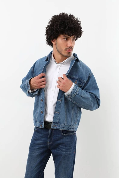 Erkek Düğmeli Regular Fit Jean Ceket Mavi - 5