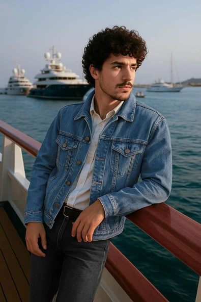 Erkek Düğmeli Regular Fit Jean Ceket Mavi - 1