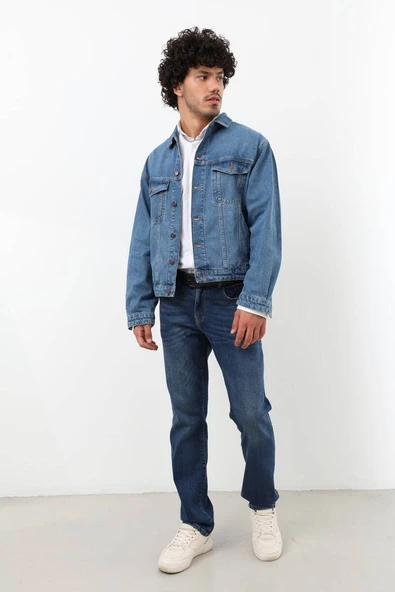 Erkek Düğmeli Regular Fit Jean Ceket Mavi - 3