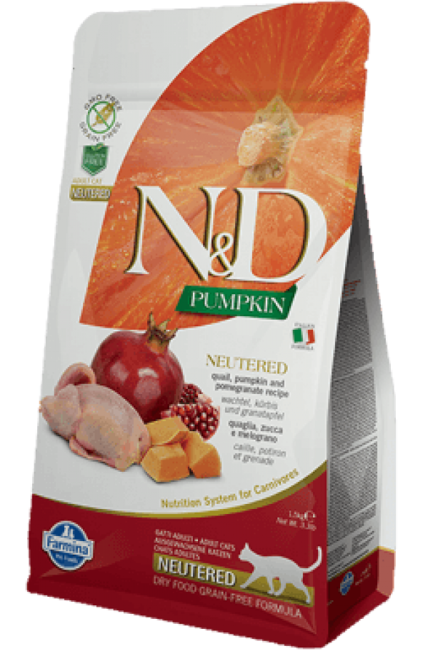ND Pumpkin Tahılsız Bıldırcın Etli Bal Kabaklı ve Narlı Kısırlaştırılmış Kedi Maması 1.5 Kg