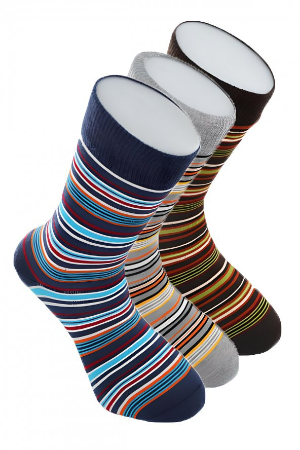 Dode Flora Erkek Pamuk Dikişsiz İnce Çizgili Renkli Konforlu Rahat Özel Seri 3'lü Soket Çorap - Resim 2