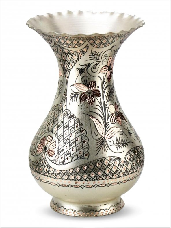 Morya Erzincan Gül Çiçek Gümüşlü İşlemeli Bakır Vazo 25 cm