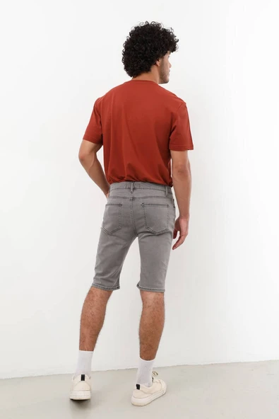 Erkek Likralı Jean Şort Gri - 4