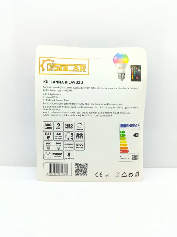 CMSOLAR 9W LED RGB E27 DUY AMPUL - 2