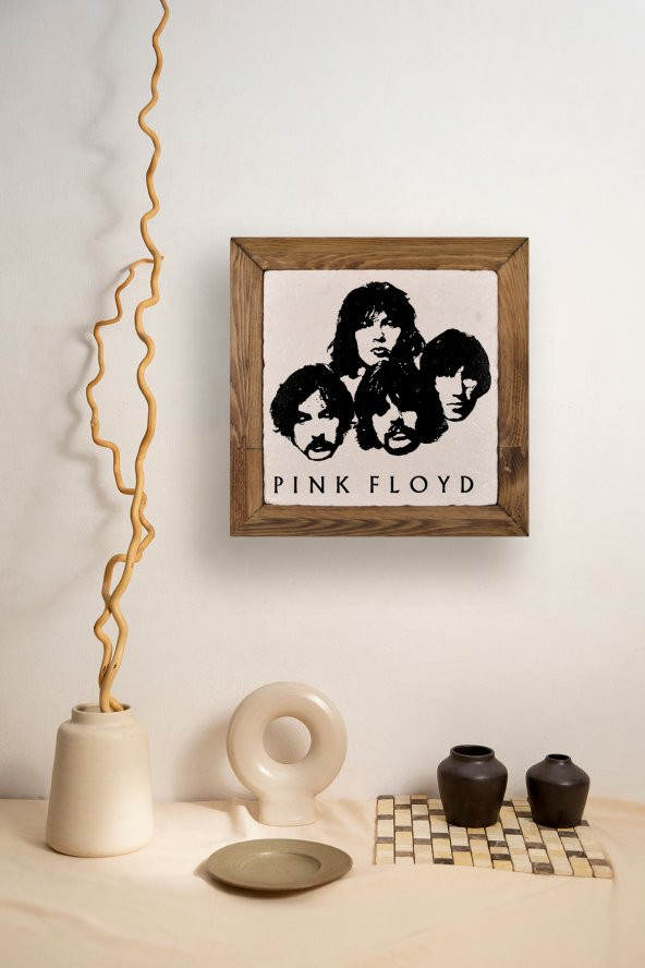 Ahşap Çerçeveli Doğal Taş Tablo Siyah Beyaz Pink Floyd Baskılı
