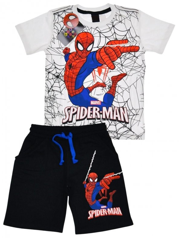 Erkek Çocuk Beyaz Renk Spiderman Örümcek Adam T-shirt ve Siyah Renk Şort Alt Üst 2 Parça Takım