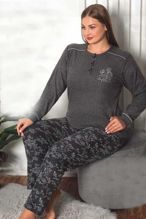 Fawn Kadın Büyük Beden Çiçek Desen 3 Düğme İnterlok Pijama Takımı (8455)