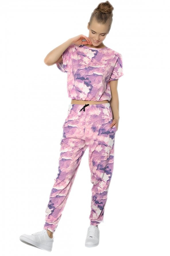 Bayan Ebruli Krop Kapüşonlu Eşofman Takımı - (5606)