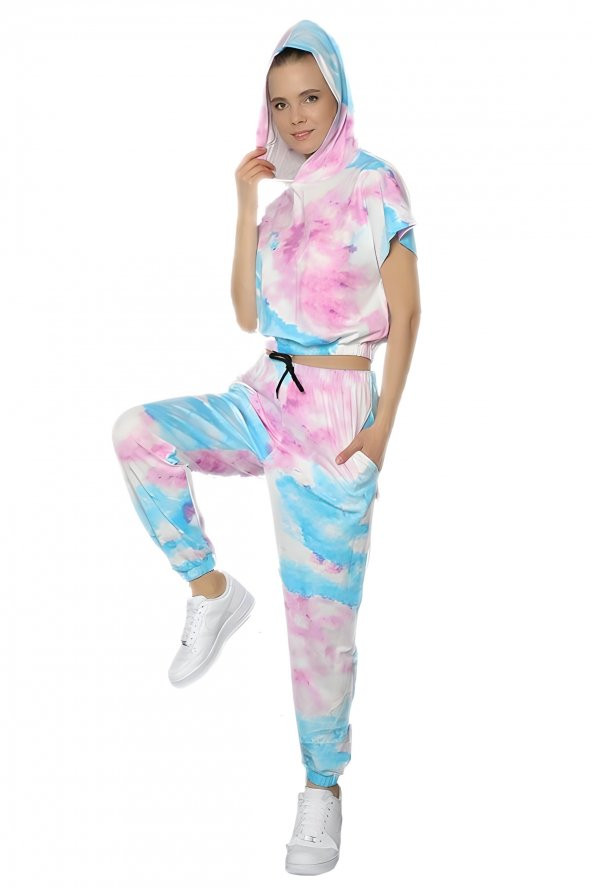 Bayan Ebruli Krop Kapüşonlu Eşofman Takımı - (5606) - 2
