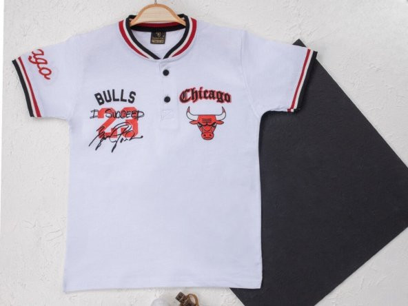 Erkek Çocuk Beyaz Renk Chicago Bulls Temalı College Yaka Kısa Kollu T-shirt