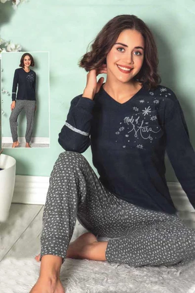 Fawn Kadın Yıldız Baskı Uzun Kol Manşetli Pijama Takımı (8233) - 2