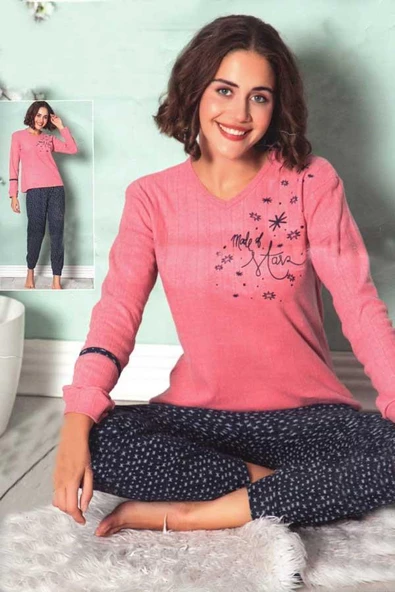 Fawn Kadın Yıldız Baskı Uzun Kol Manşetli Pijama Takımı (8233) - 3
