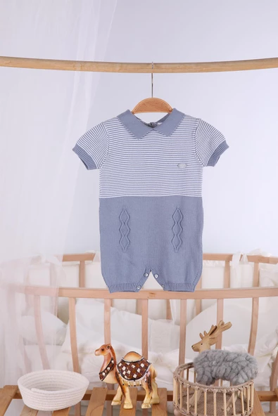 Kısa Kol Çizgili Erkek Bebek Yazlık Triko Tulum 5502 - 12