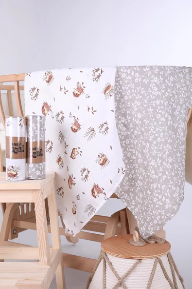 Babyhola 2'li Müslin Örtü Seti 80x80cm Desenli Kutulu Organik Hediyelik Emzirme Alt Açma Yenidoğan Puset Örtüsü - 6