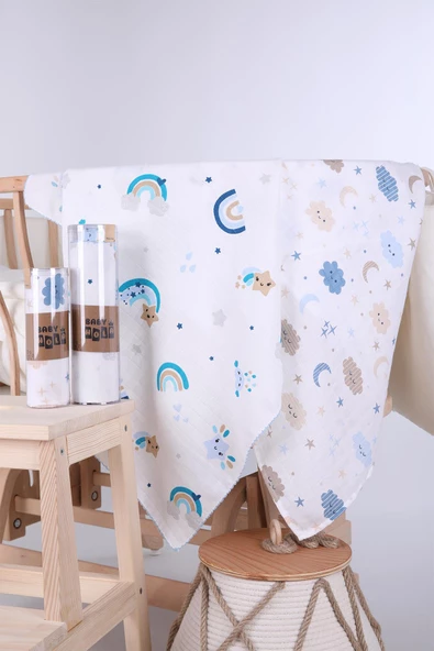 Babyhola 80x80cm 85X90cm 2'li Müslin Örtü Seti Bulut Desenli Kutulu Organik Hediyelik Emzirme Alt Açma Yenidoğan İkili Puset Örtüsü - 3