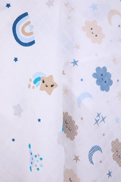 Babyhola 80x80cm 85X90cm 2'li Müslin Örtü Seti Bulut Desenli Kutulu Organik Hediyelik Emzirme Alt Açma Yenidoğan İkili Puset Örtüsü - 4