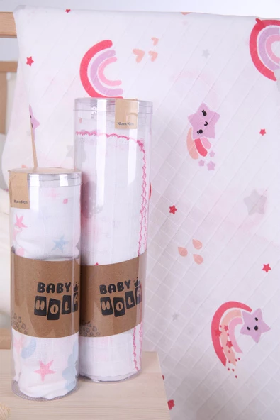 Babyhola 80x80cm 85X90cm 2'li Müslin Örtü Seti Bulut Desenli Kutulu Organik Hediyelik Emzirme Alt Açma Yenidoğan İkili Puset Örtüsü - 8