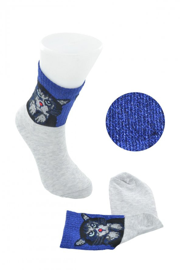 Flora Bayan Simli Kedi Desenli Soket Çorap - Resim 2