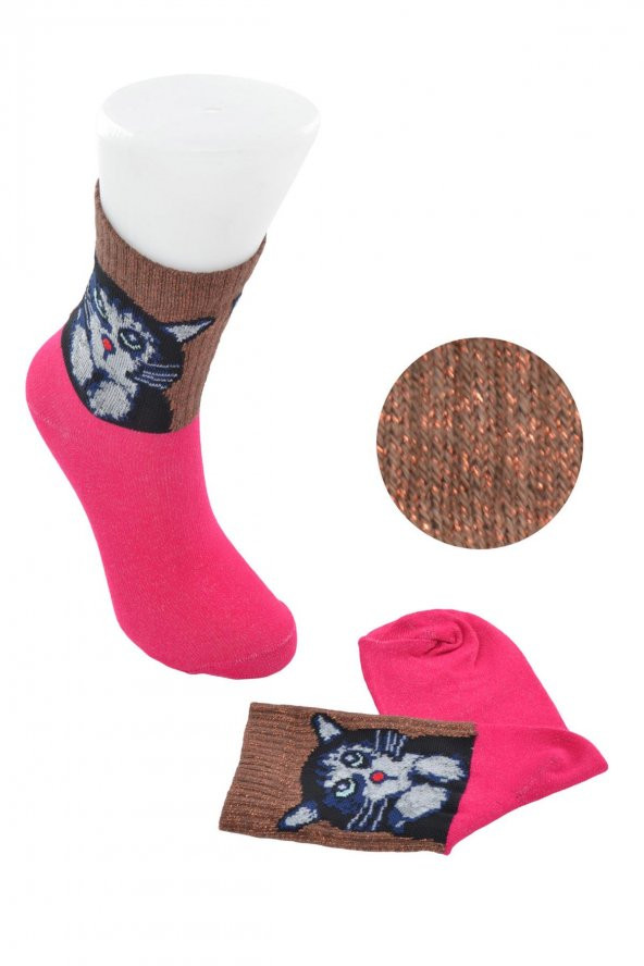 Flora Bayan Simli Kedi Desenli Soket Çorap - Resim 4