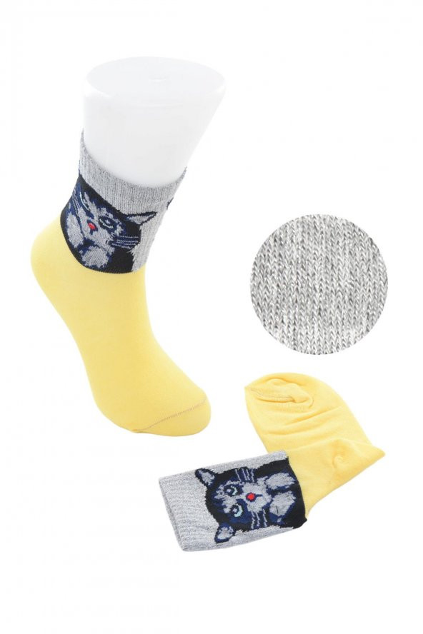 Flora Bayan Simli Kedi Desenli Soket Çorap - Resim 5