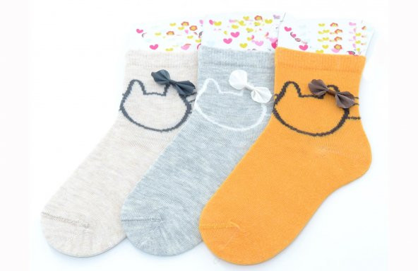 Ekinoks 3 lü Kedi-Kurdele Baskı Yarım Konç Kız Çocuk Çorap - 2