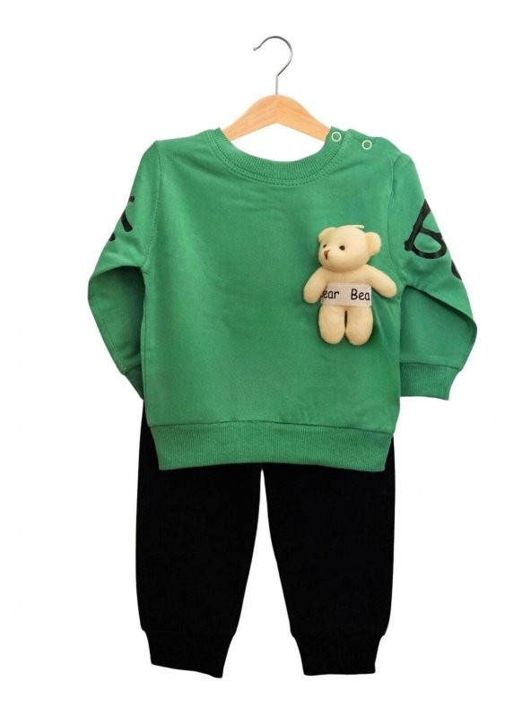 Unisex Bebek Yeşil Renk Oyuncak Ayılı Mevsimlik Sweatshirt ve Eşofman Alt Üst Takım