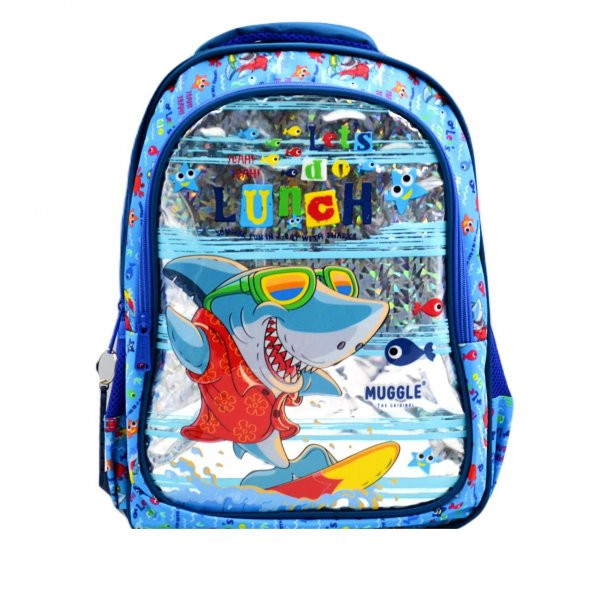 Muggle 2 Bölmeli Cute Shark Mavi Okul Sırt Çantası(MU-0044)