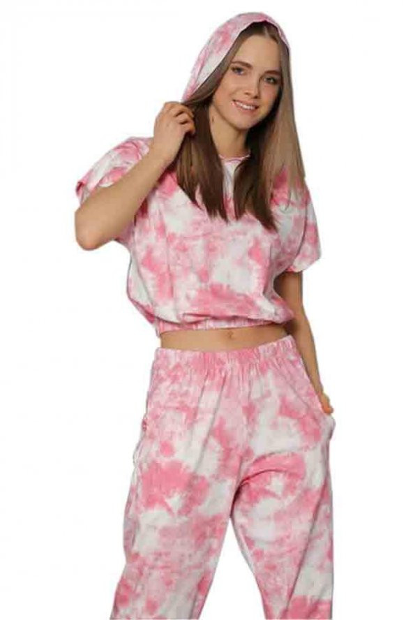 Bayan Somon Krop Kapüşonlu Eşofman Takımı - (5633)