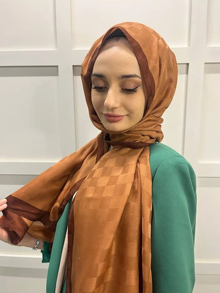 Piramit Dama Desenli Monogram Şal 00876  ÇİKOLATA - Resim 2