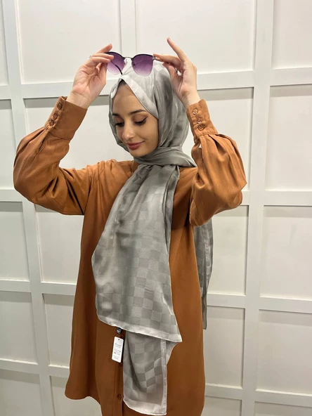 Piramit Dama Desenli Monogram Şal 00876 DUMAN - 2