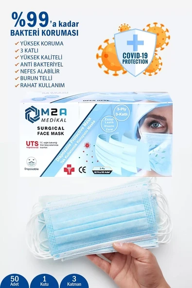 M2A Medikal 3 Katlı Maske Filtreli İpli 1 Kutu/50 Adet