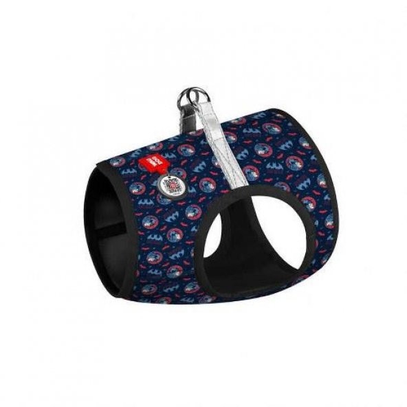 Waudog Collar QR Pasaportlu Yumuşak Doku Köpek Göğüs Tasması Mavi-Kırmızı Batman Desenli XS4, B 36-39 cm, C 26-28 cm