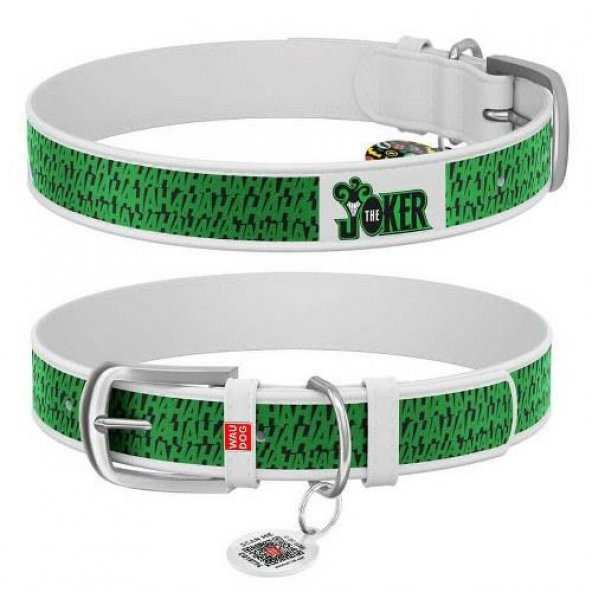 Waudog Collar QR Pasaportlu Deri Köpek Boyun Tasması, Beyaz, Joker Desenli, W 12 mm, L 18-24 cm